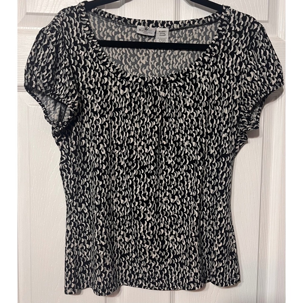 Worthington Women XL Black White Abstract Crescent Print Scoop Neck Knit Top